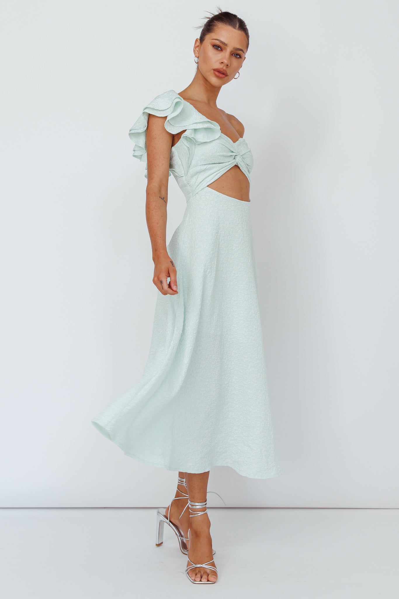 Jolina Ruffle Shoulder Midi Dress Mint by Selfie Leslie