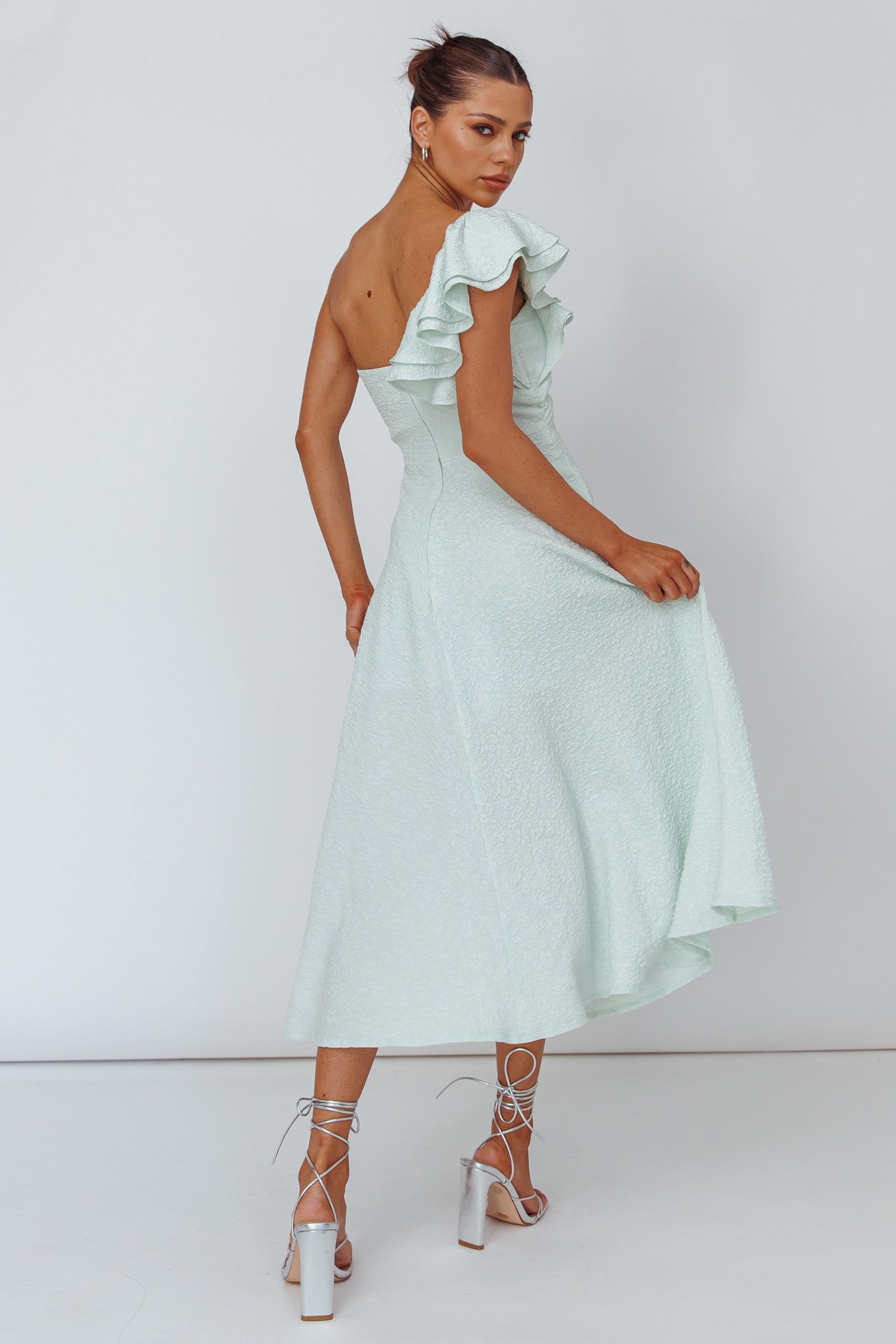 Jolina Ruffle Shoulder Midi Dress Mint by Selfie Leslie
