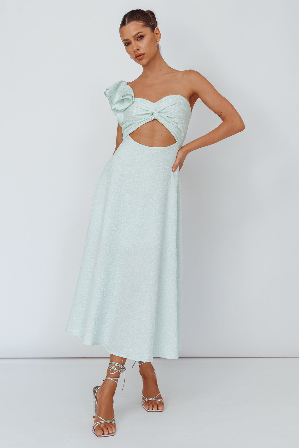 Jolina Ruffle Shoulder Midi Dress Mint by Selfie Leslie