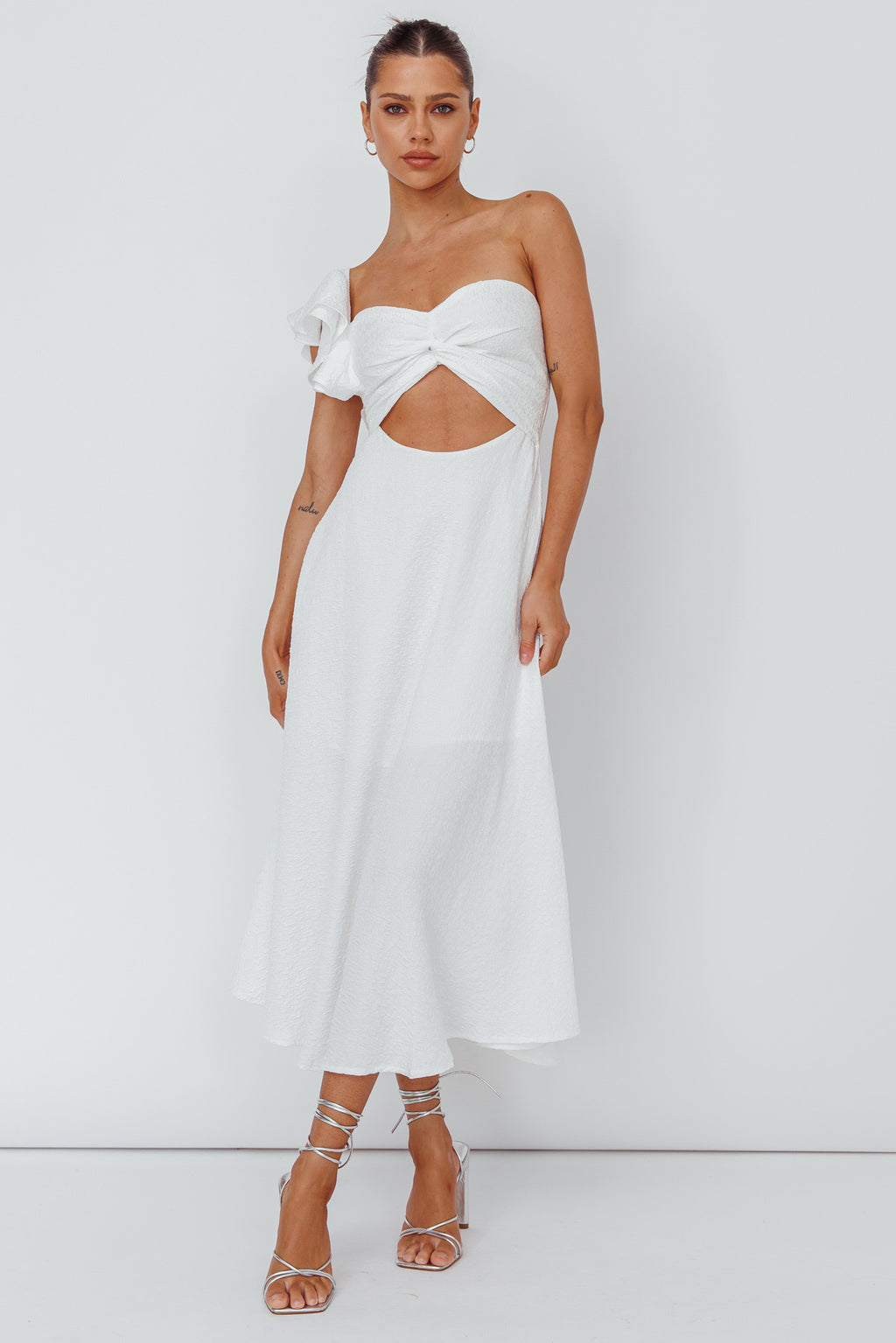 Jolina Ruffle Shoulder Midi Dress White by Selfie Leslie