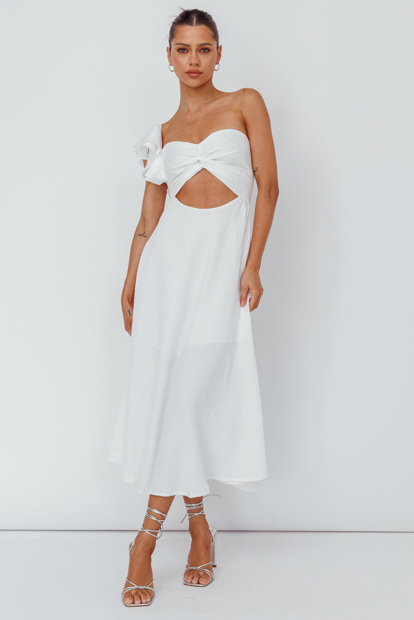 Jolina Ruffle Shoulder Midi Dress White by Selfie Leslie