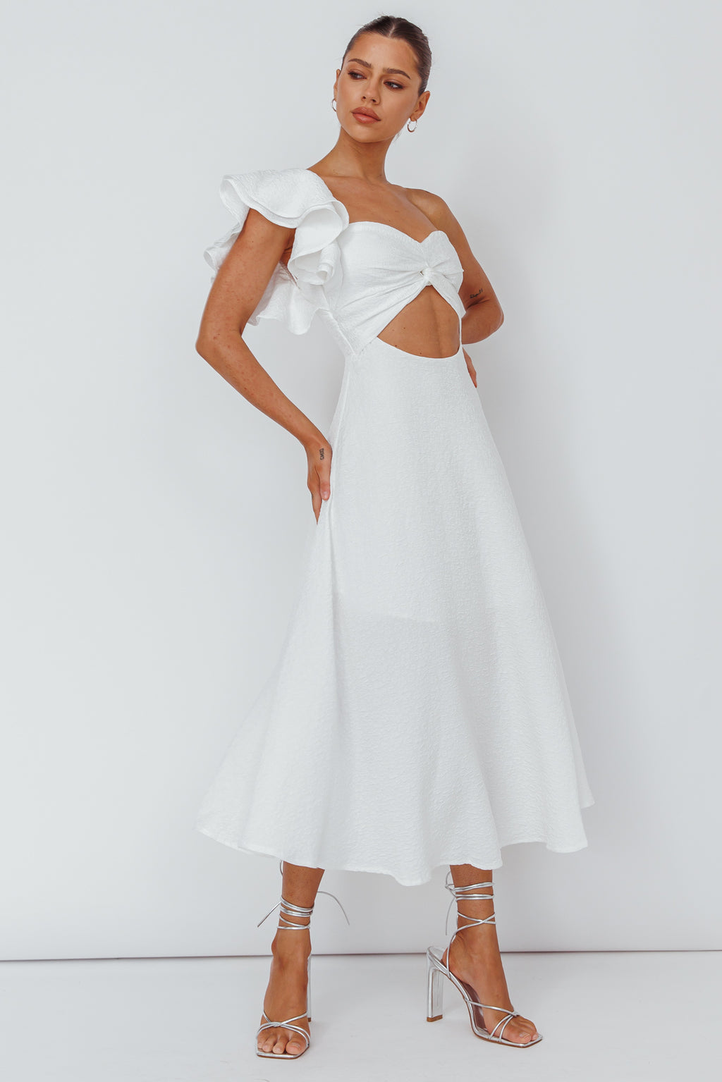Jolina Ruffle Shoulder Midi Dress White by Selfie Leslie