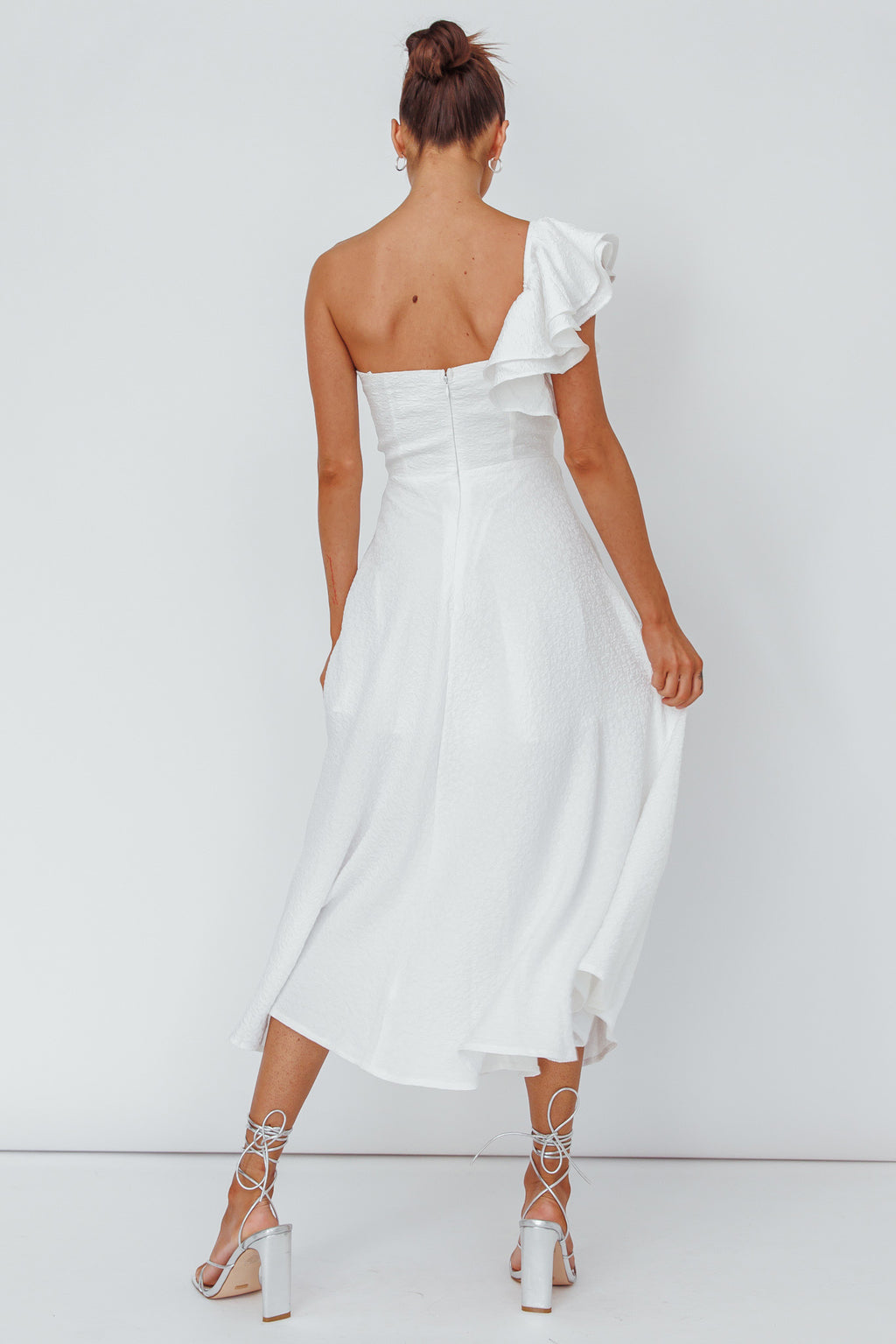 Jolina Ruffle Shoulder Midi Dress White by Selfie Leslie