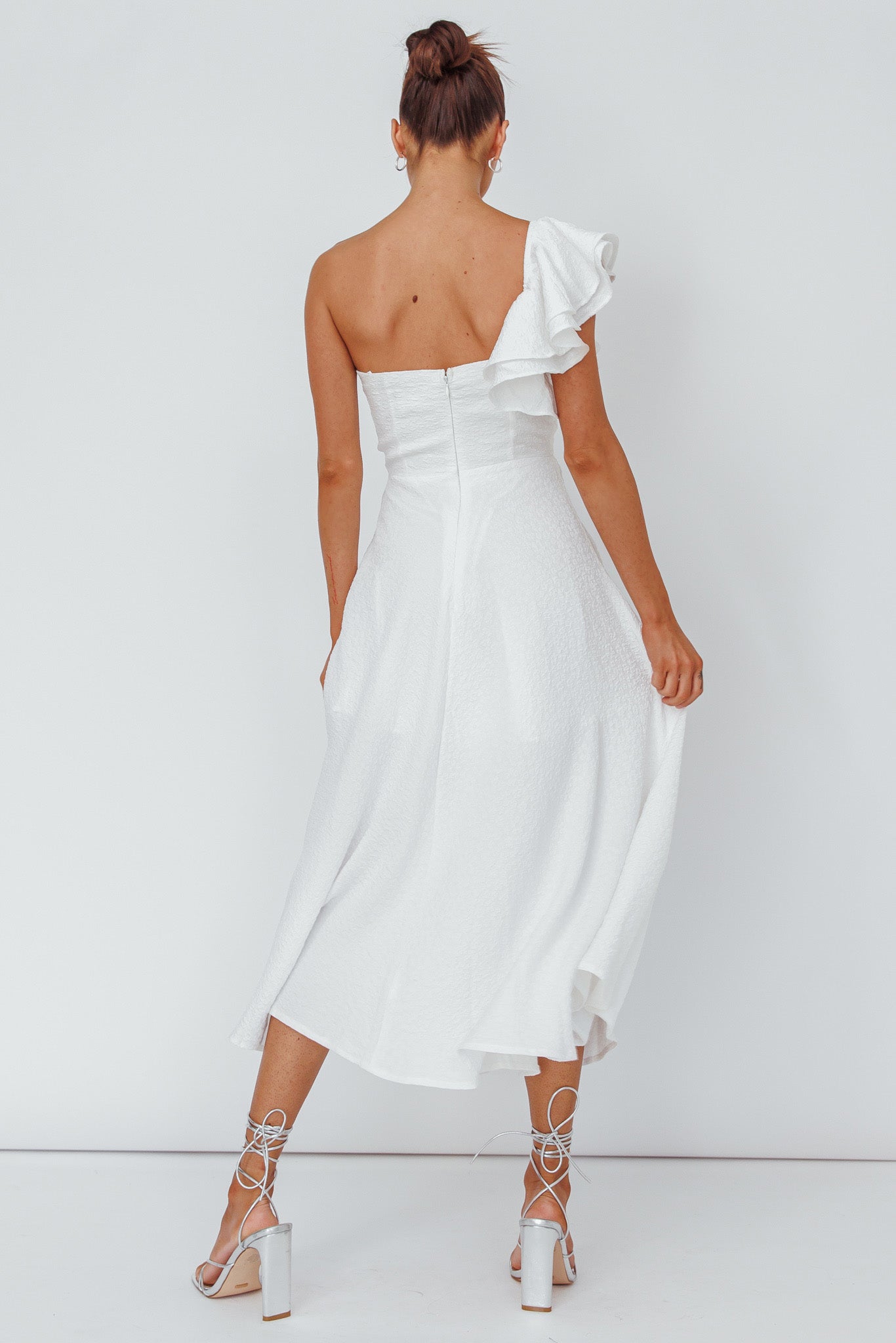 Jolina Ruffle Shoulder Midi Dress White by Selfie Leslie