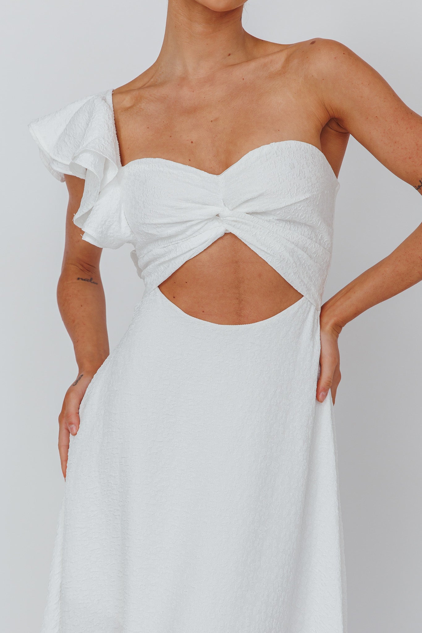 Jolina Ruffle Shoulder Midi Dress White by Selfie Leslie