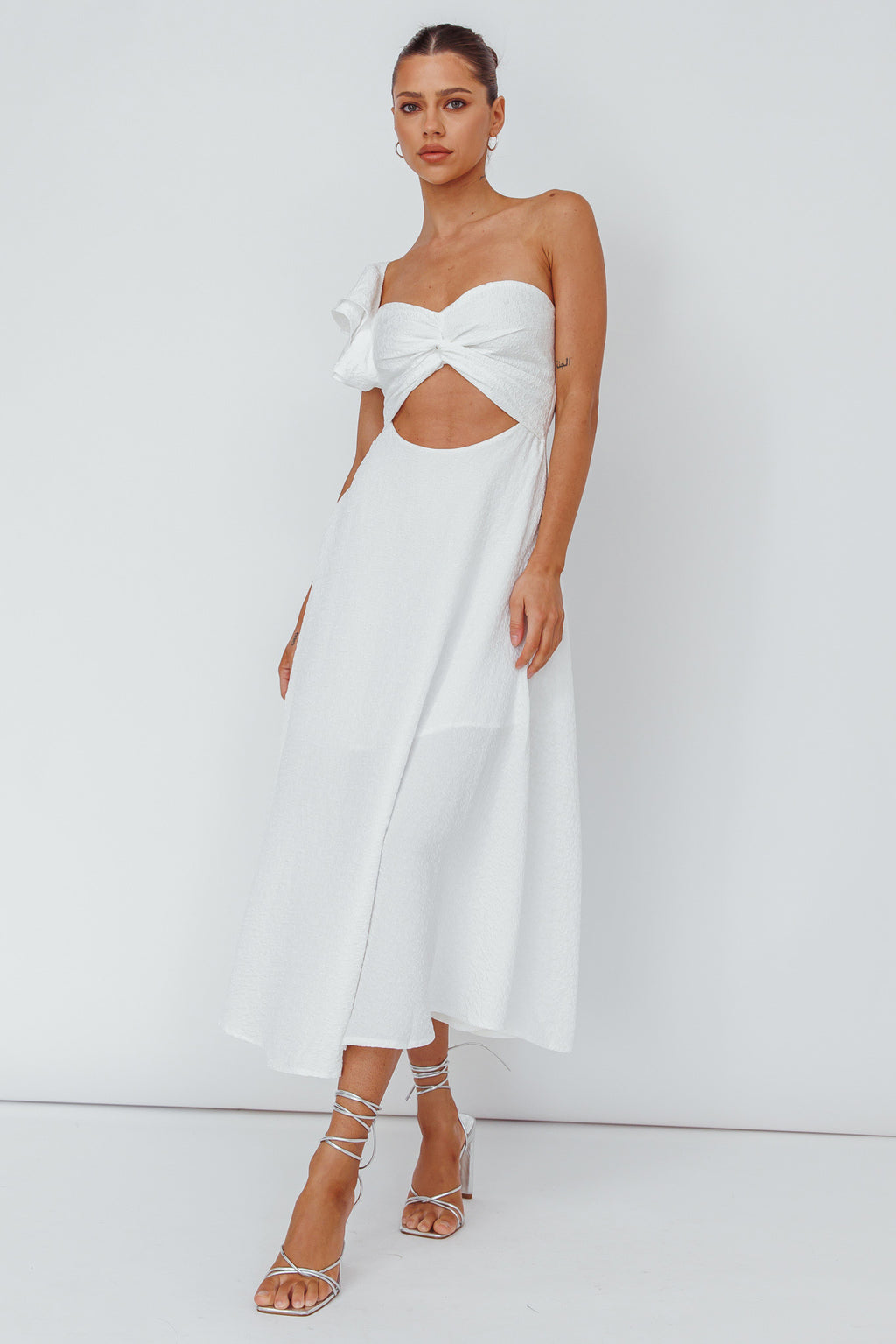 Jolina Ruffle Shoulder Midi Dress White by Selfie Leslie