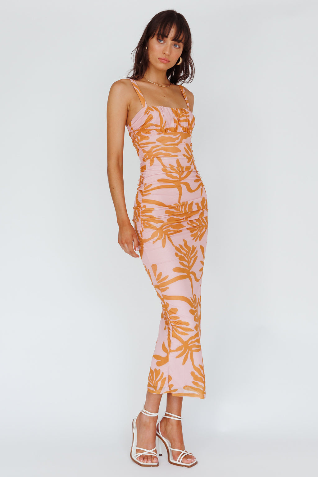 Hawaiian Sun Ruched Bust Midi Dress Print Pink by Selfie Leslie