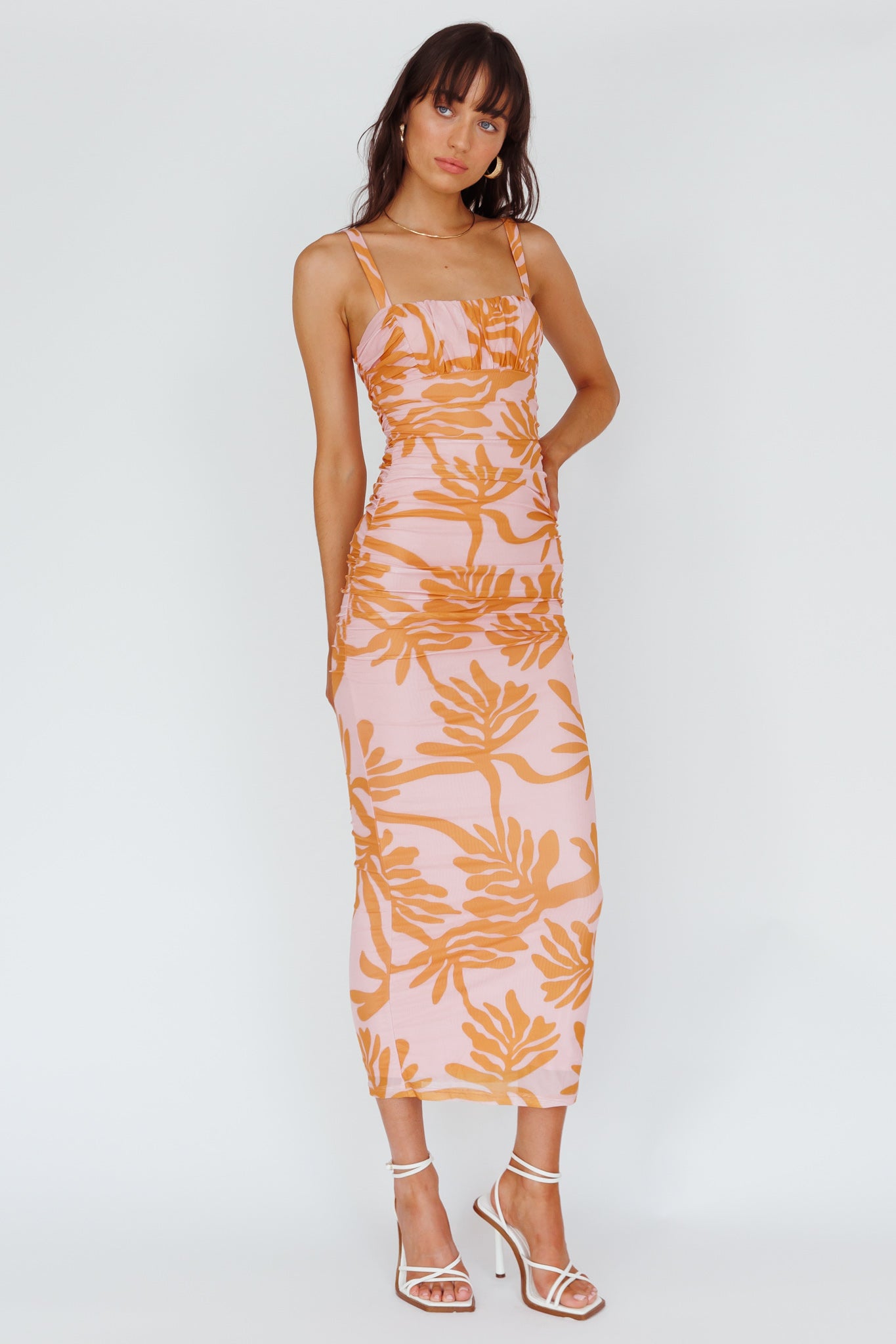 raise the sun midi dress Hawaiian Sun Ruched Bust Midi Dress Print Pink