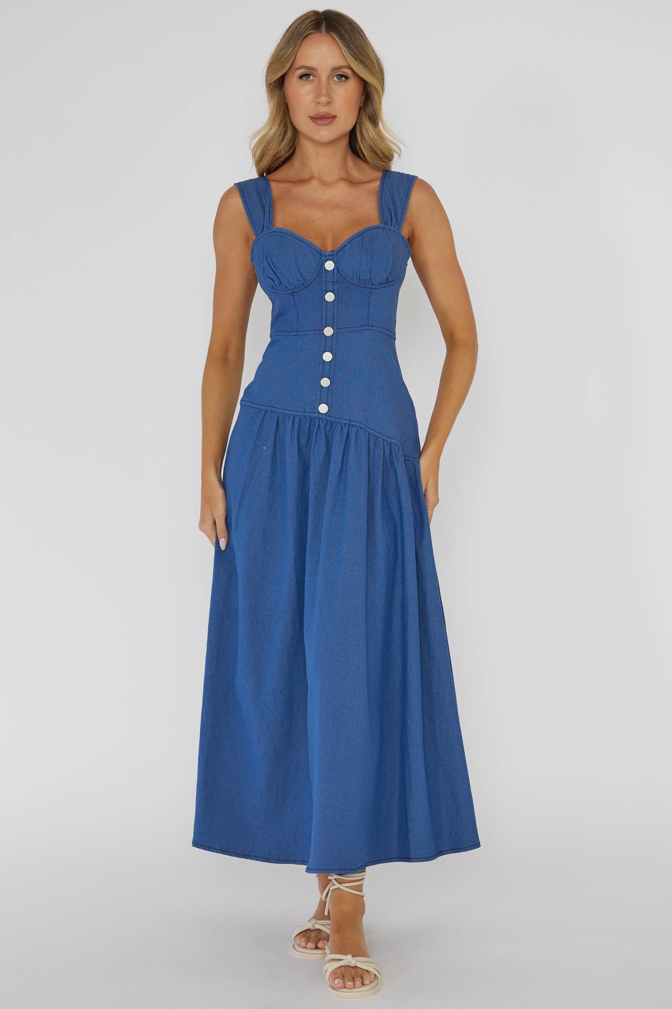 Pansy Flounce Hem Maxi Dress Blue by Selfie Leslie