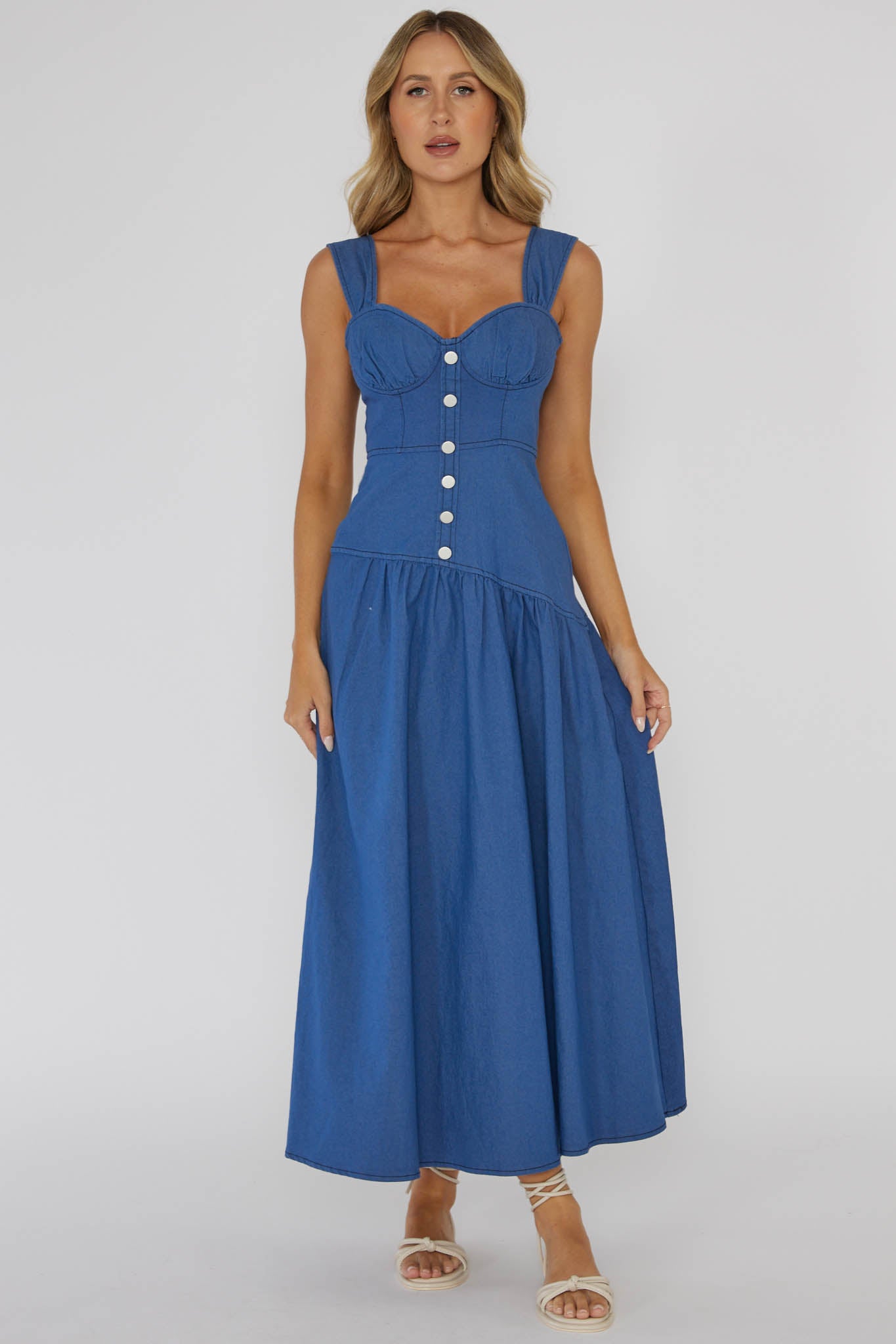 Pansy Flounce Hem Maxi Dress Blue by Selfie Leslie