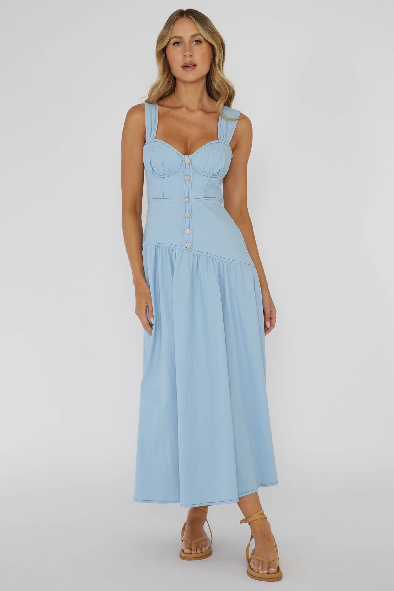 Pansy Flounce Hem Maxi Dress Light Blue by Selfie Leslie
