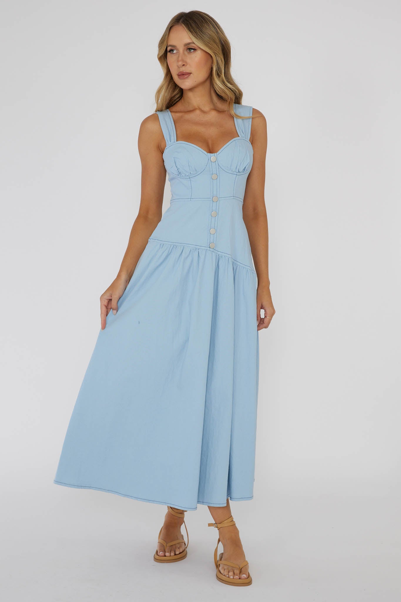 Pansy Flounce Hem Maxi Dress Light Blue | Selfie Leslie