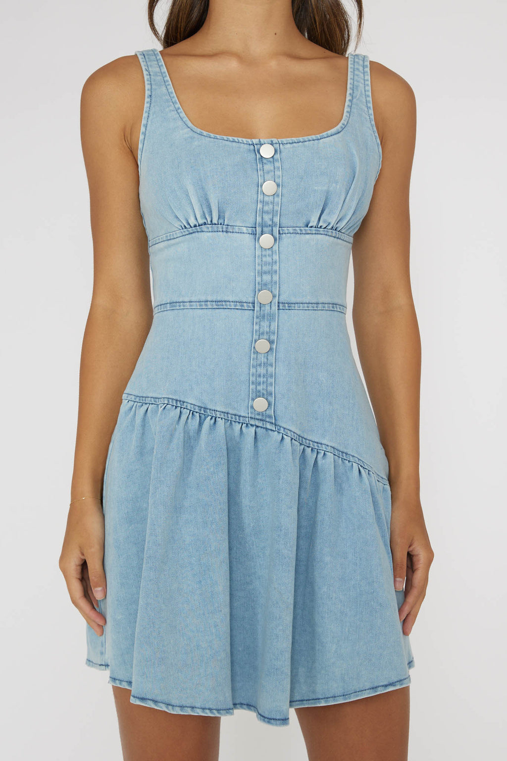 Pansy Flounce Hem Mini Dress Light Denim by Selfie Leslie