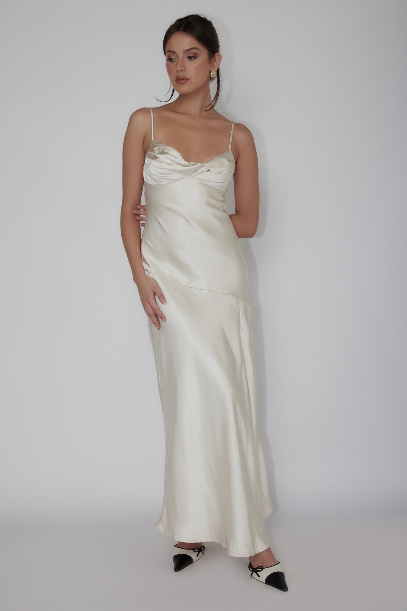 Amity Twist Bust Split Maxi Dress Champagne by Selfie Leslie