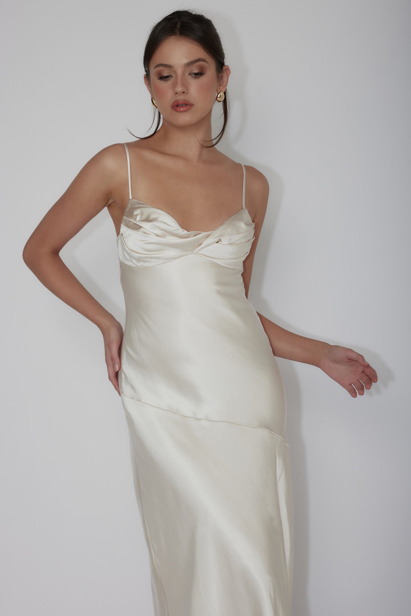 Amity Twist Bust Split Maxi Dress Champagne by Selfie Leslie