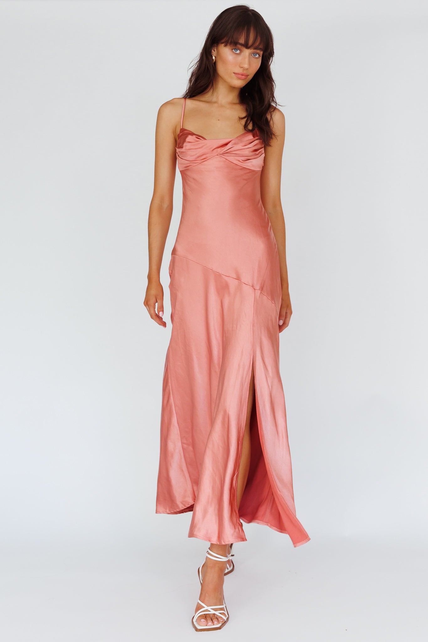 Amity Twist Bust Split Maxi Dress Rose by Selfie Leslie