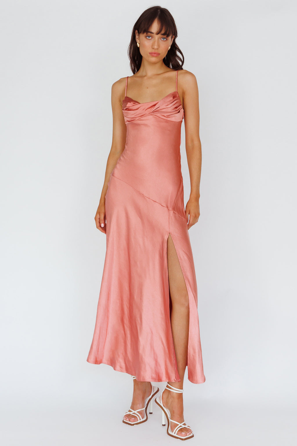 Amity Twist Bust Split Maxi Dress Rose by Selfie Leslie