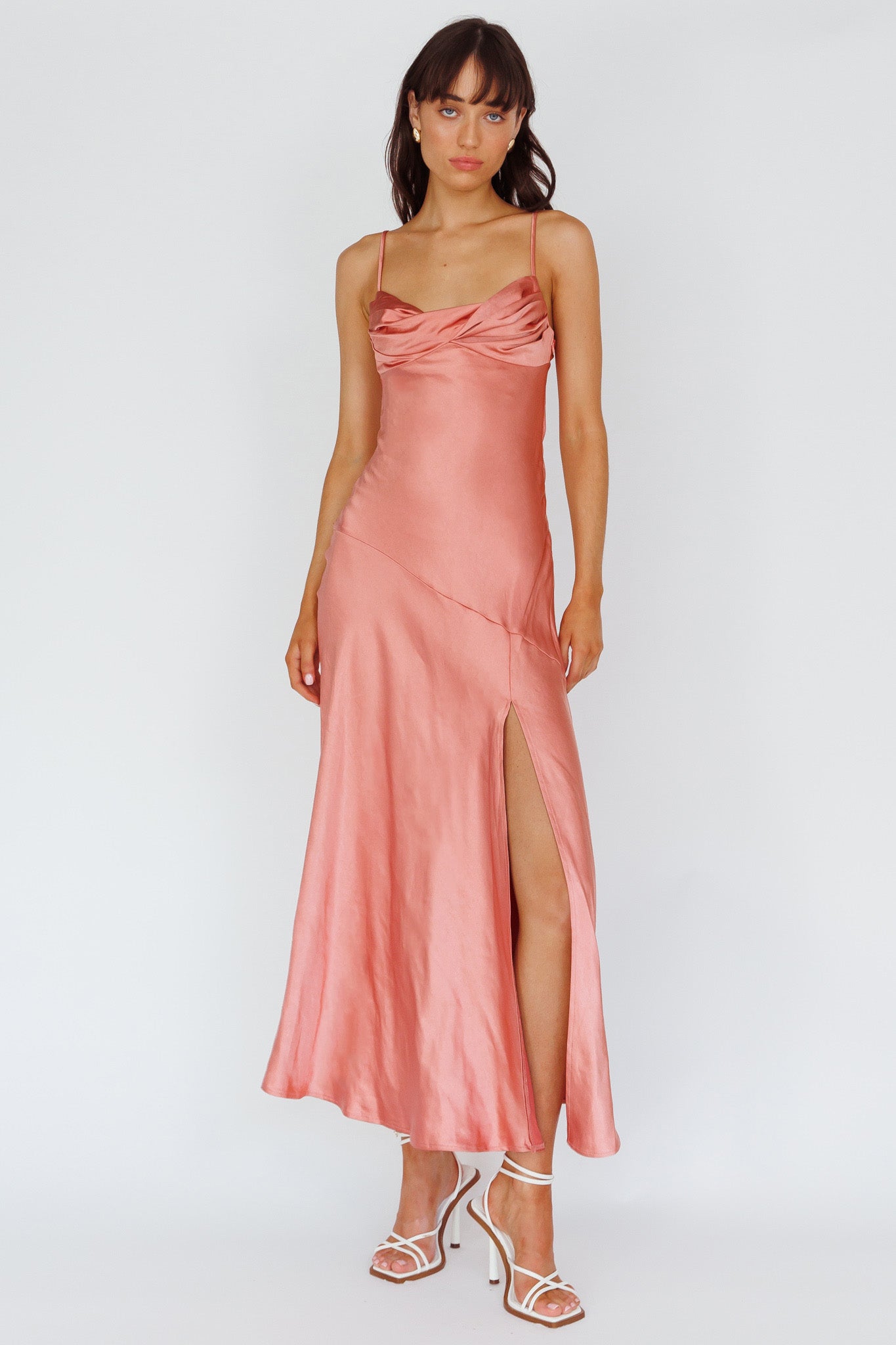 Amity Twist Bust Split Maxi Dress Rose by Selfie Leslie