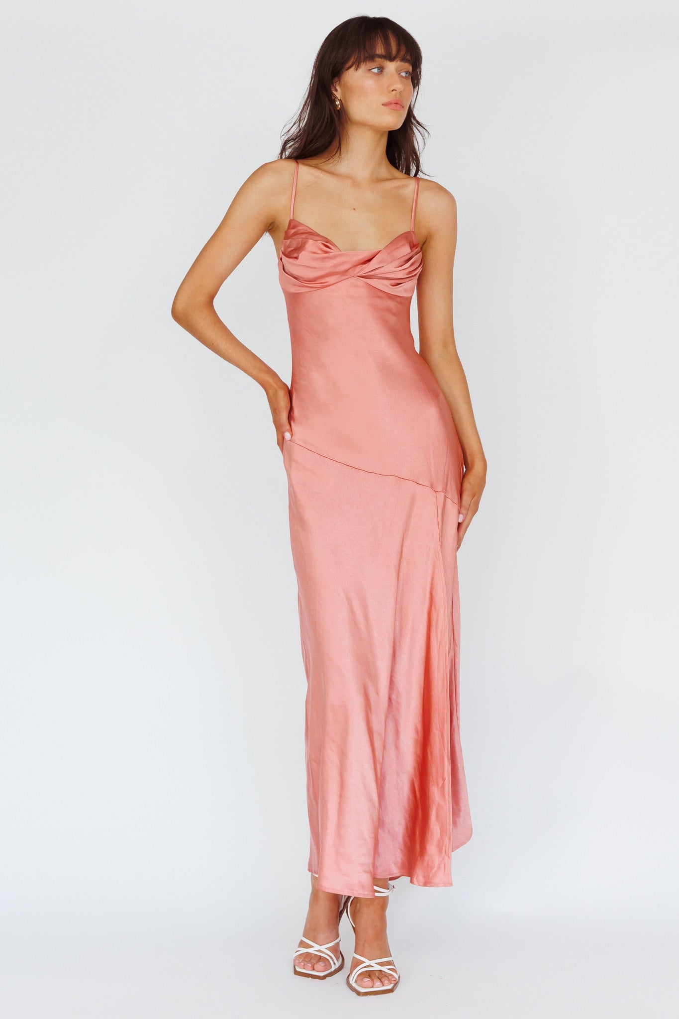 Amity Twist Bust Split Maxi Dress Rose by Selfie Leslie