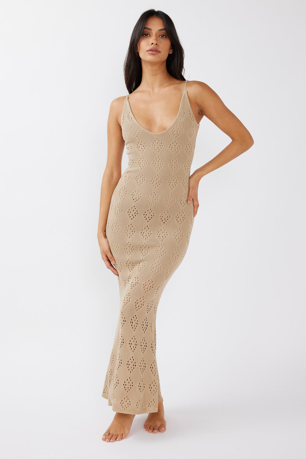 Raven Cami Strap Crochet Maxi Dress Sand by Selfie Leslie