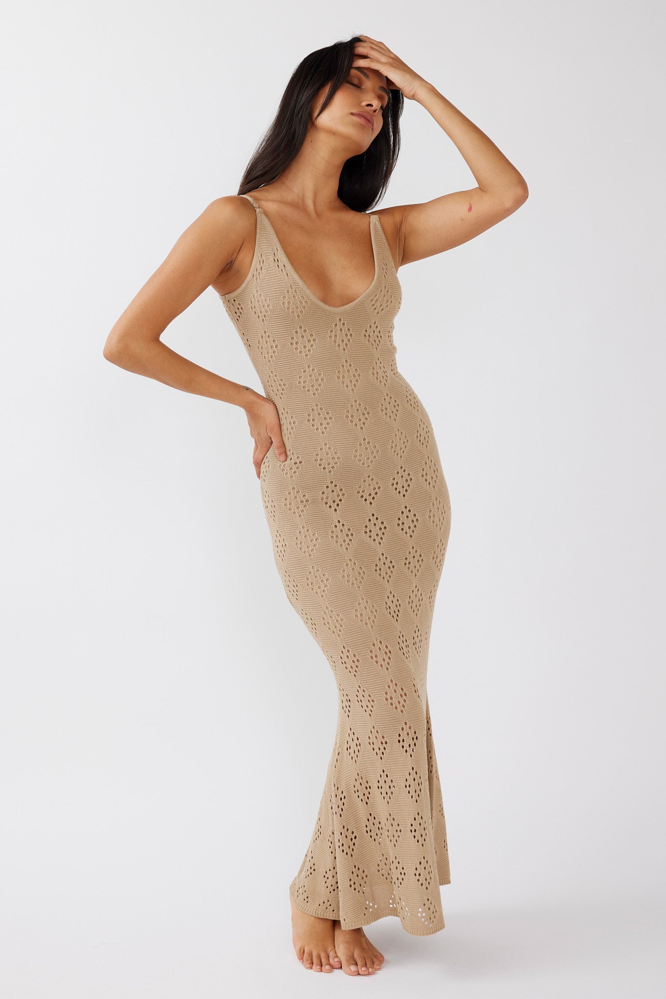 Raven Cami Strap Crochet Maxi Dress Sand by Selfie Leslie