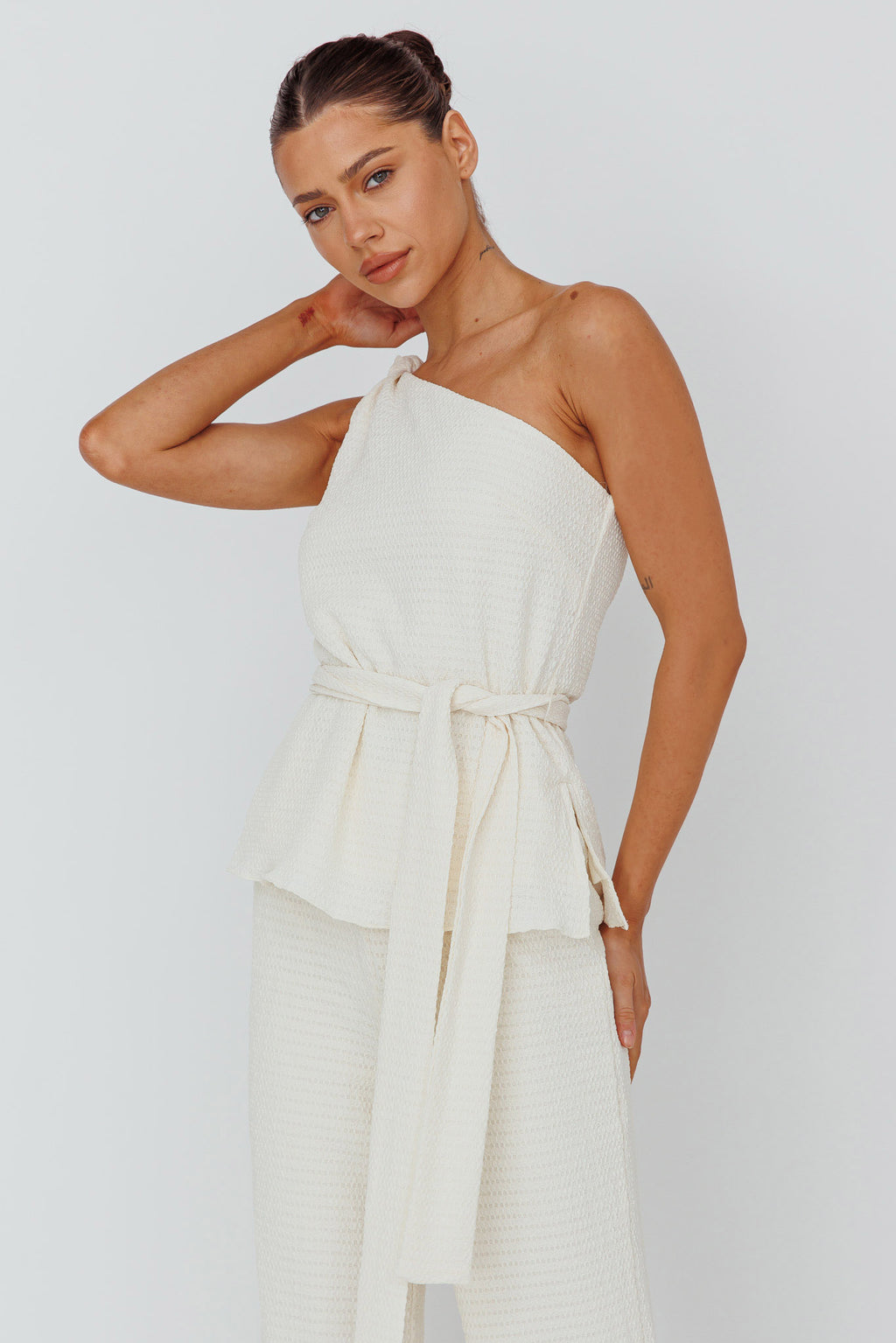 Austin City One-Shoulder Waist Tie Top Cream by Selfie Leslie