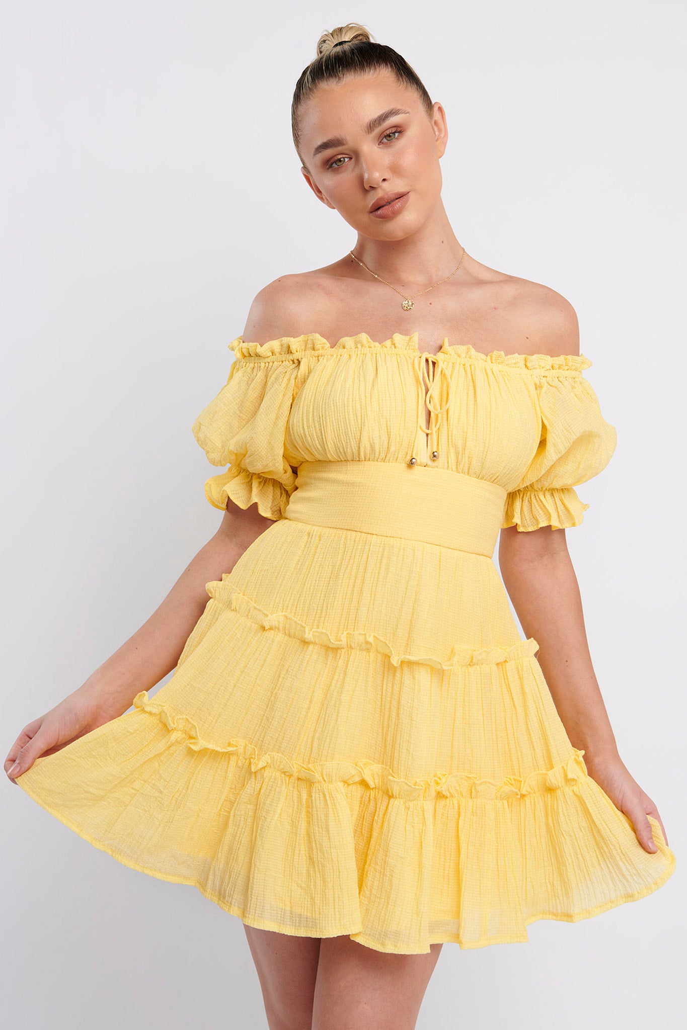 Everley Puff Sleeve Mini Dress Lemon by Selfie Leslie