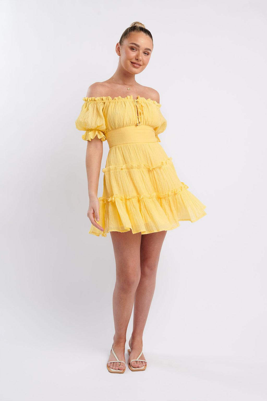 Everley Puff Sleeve Mini Dress Lemon by Selfie Leslie