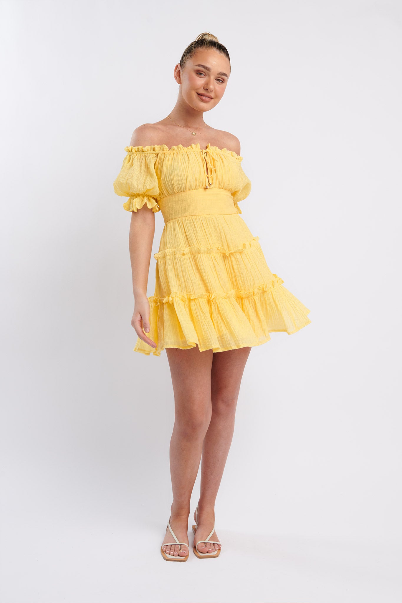 Everley Puff Sleeve Mini Dress Lemon by Selfie Leslie