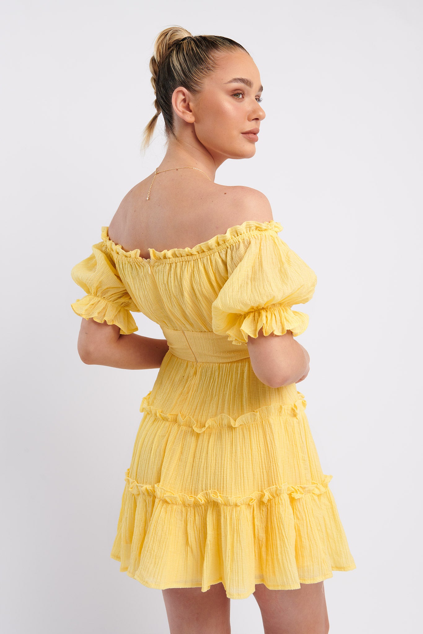 Everley Puff Sleeve Mini Dress Lemon by Selfie Leslie
