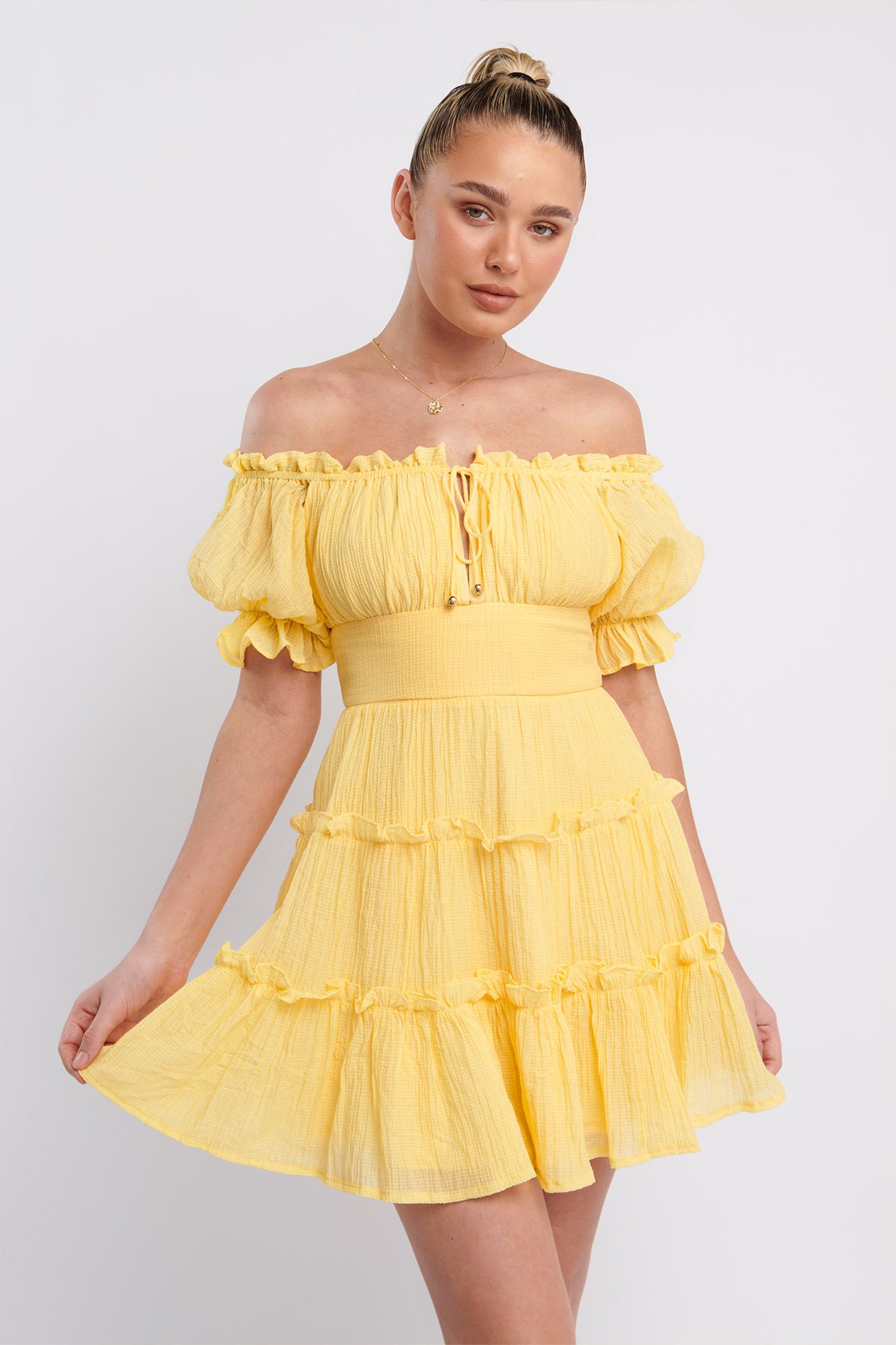 Everley Puff Sleeve Mini Dress Lemon by Selfie Leslie