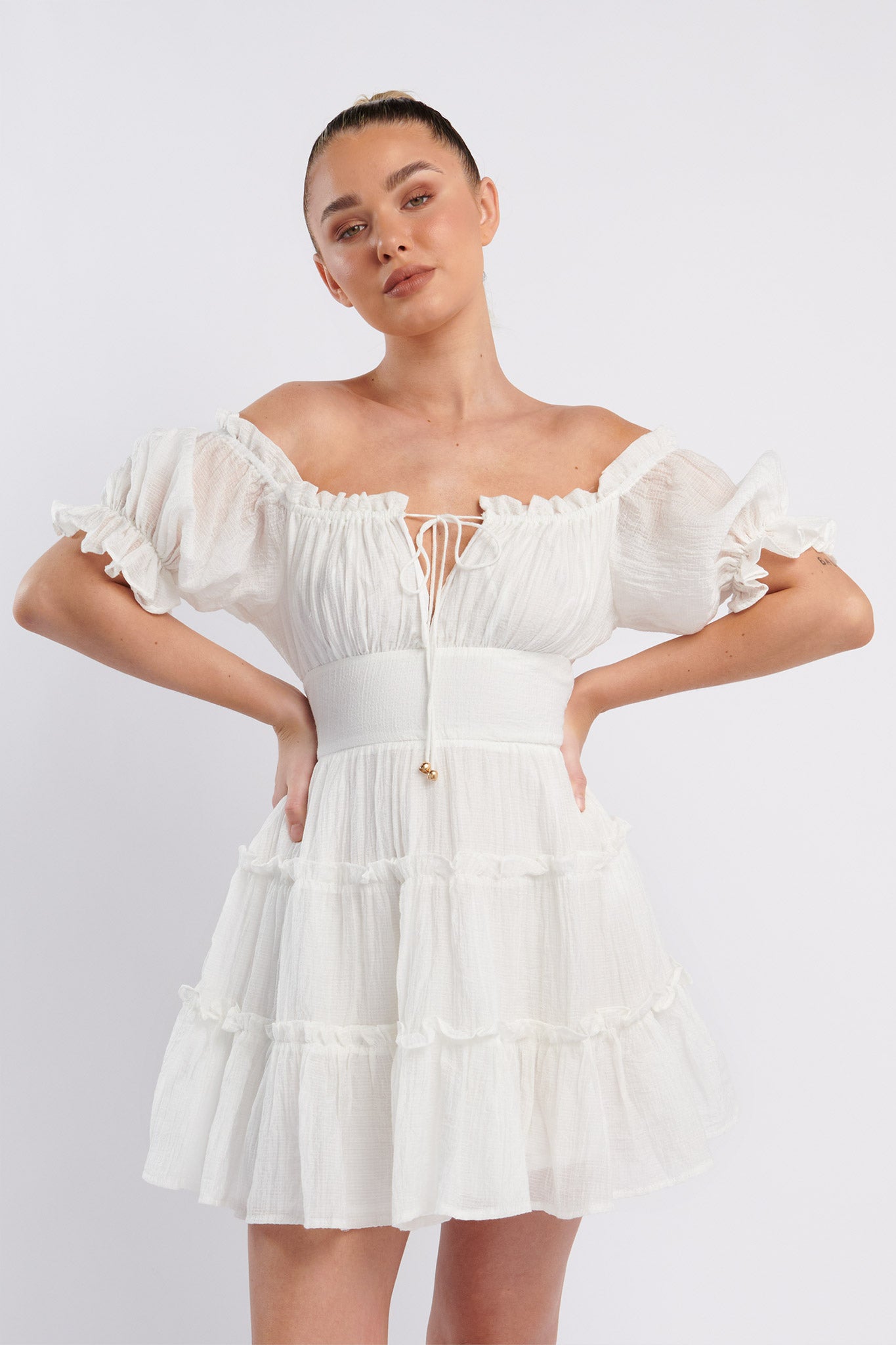 Everley Puff Sleeve Mini Dress White by Selfie Leslie