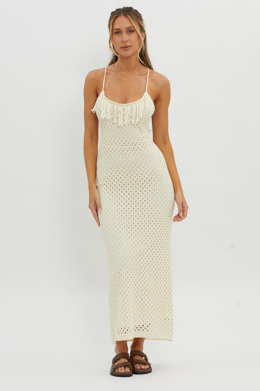 Kesha Open Back Crochet Maxi Dress Cream by Selfie Leslie