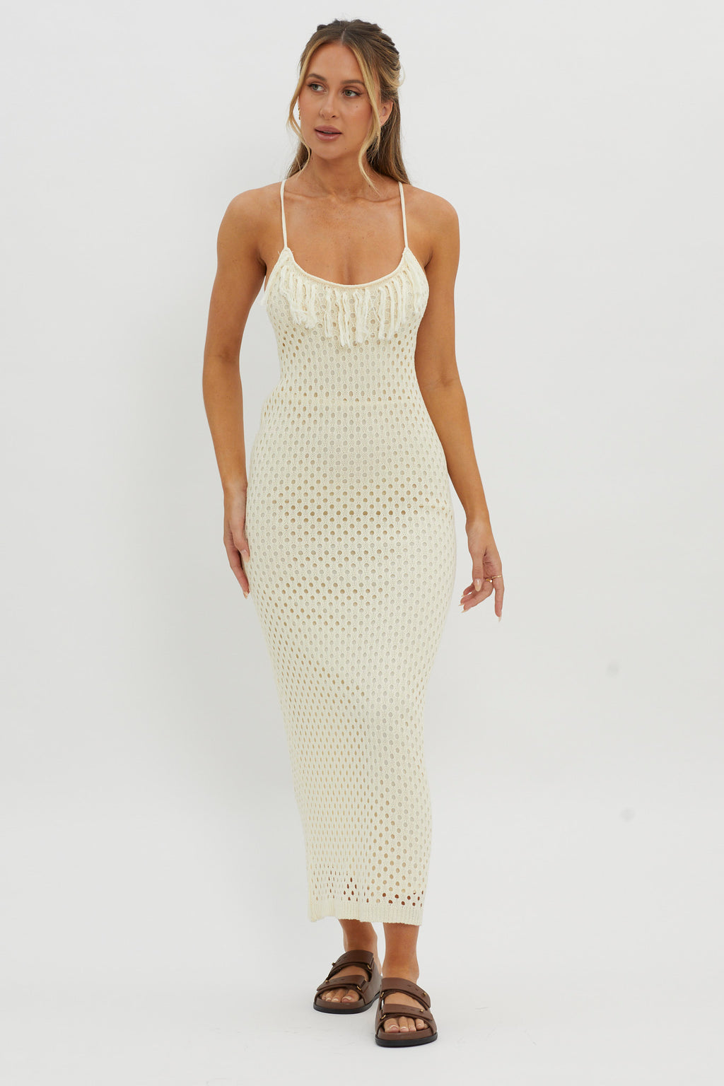 Kesha Open Back Crochet Maxi Dress Cream by Selfie Leslie
