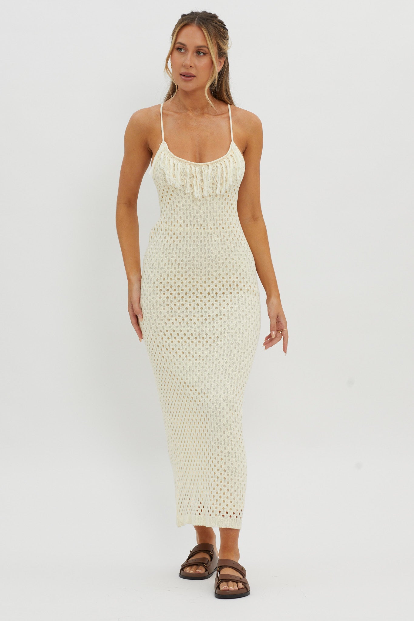 Kesha Open Back Crochet Maxi Dress Cream by Selfie Leslie