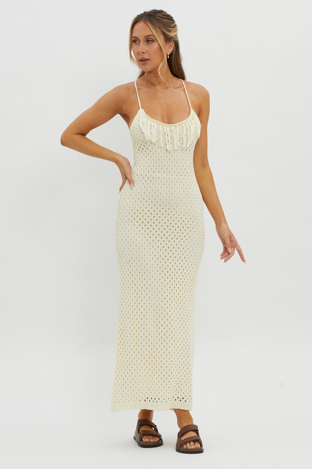 Kesha Open Back Crochet Maxi Dress Cream by Selfie Leslie