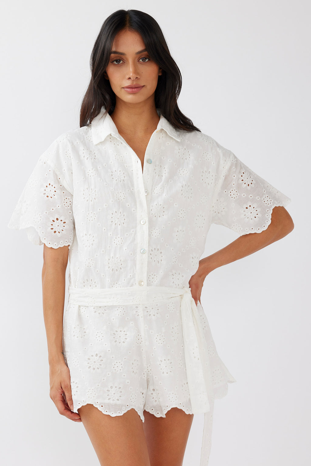 Junie Eyelet Embroidery Waist Tie Romper White by Selfie Leslie