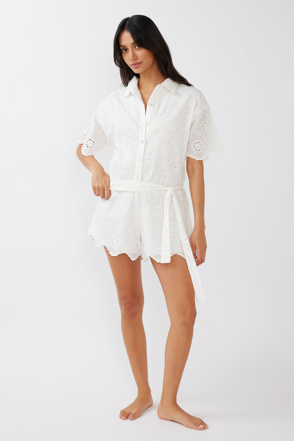 Junie Eyelet Embroidery Waist Tie Romper White by Selfie Leslie