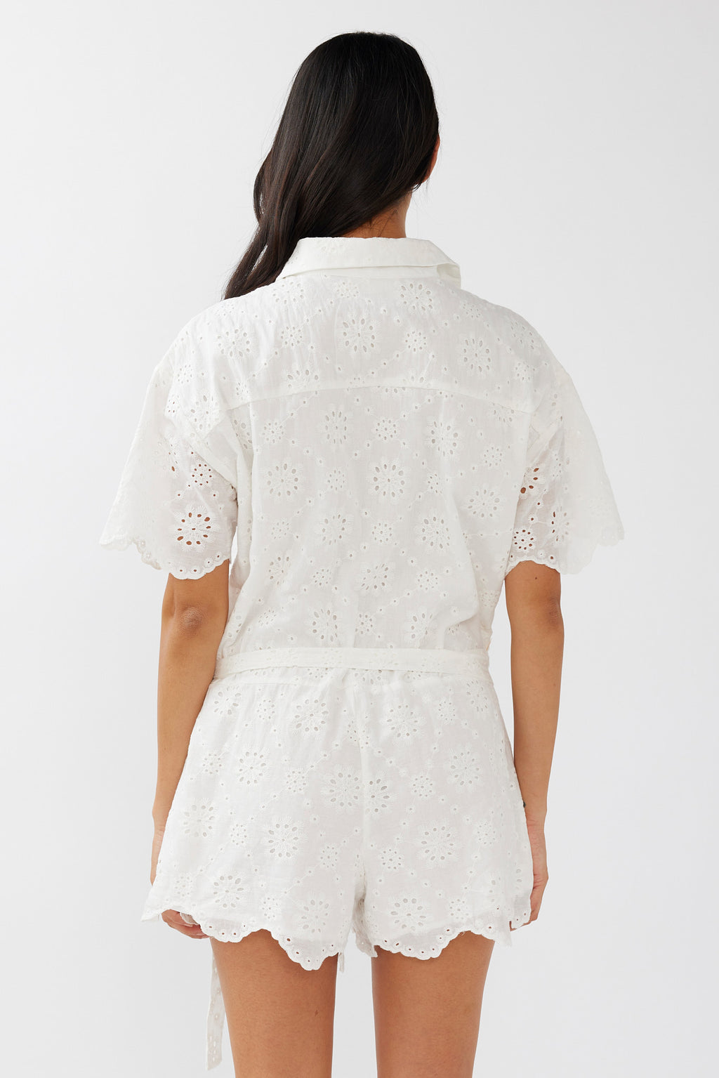Junie Eyelet Embroidery Waist Tie Romper White by Selfie Leslie