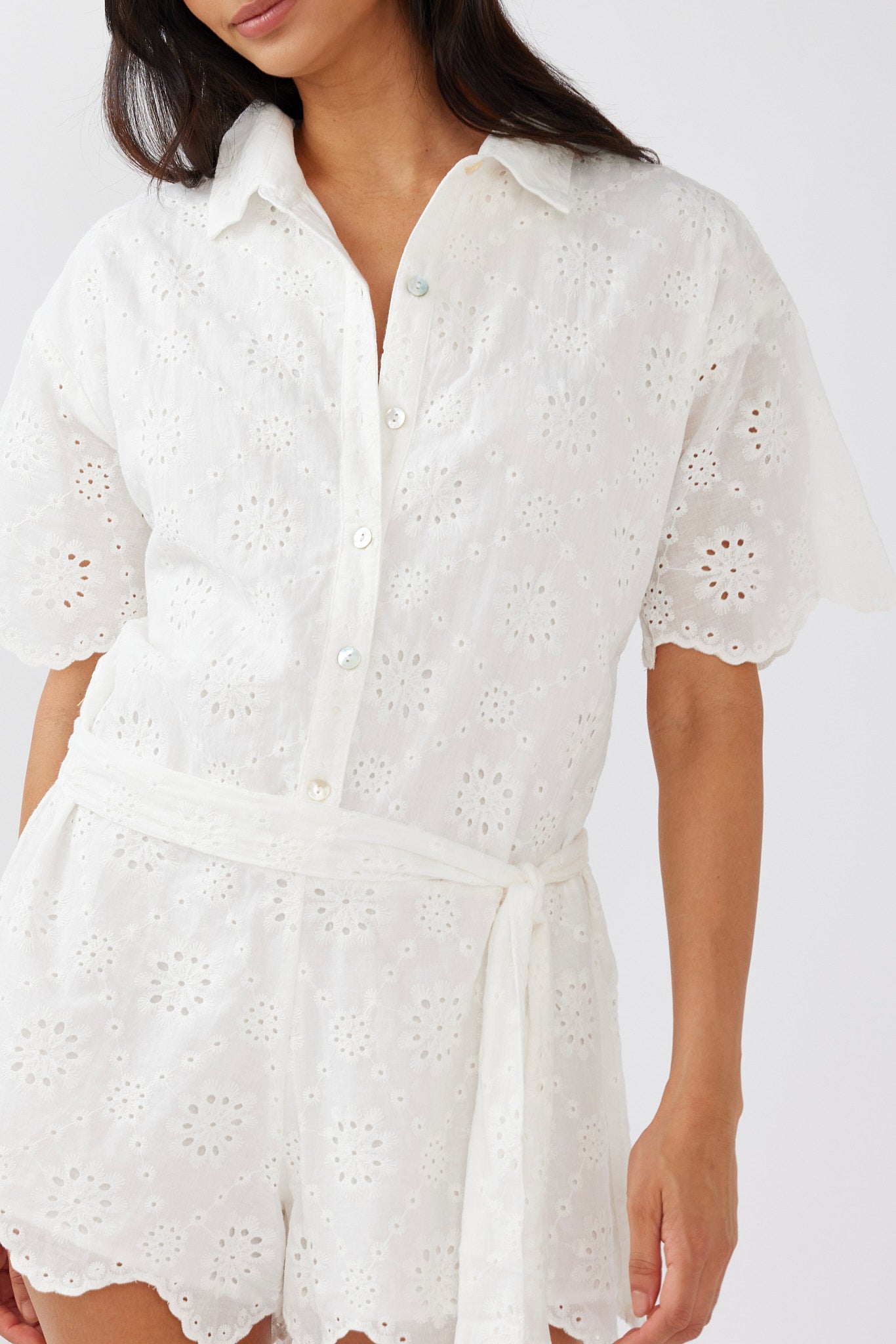 Junie Eyelet Embroidery Waist Tie Romper White by Selfie Leslie