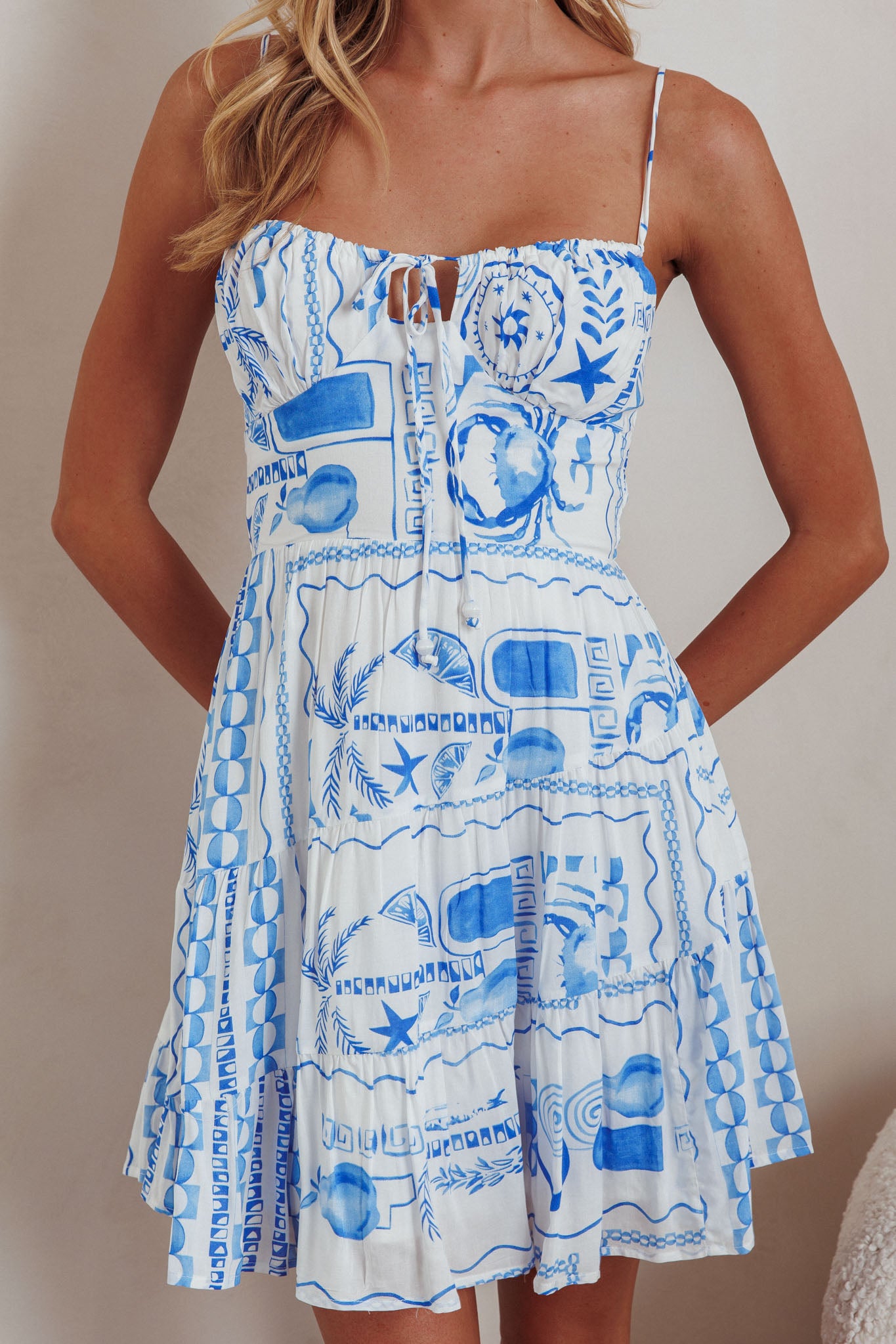 Doe Tied Bust Mini Dress Print Blue by Selfie Leslie