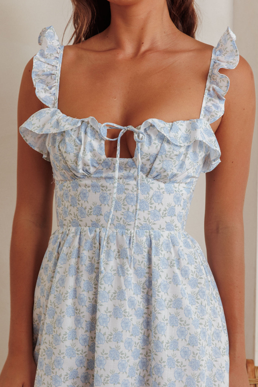 Doe Tied Bust Frill Mini Dress Floral Blue by Selfie Leslie