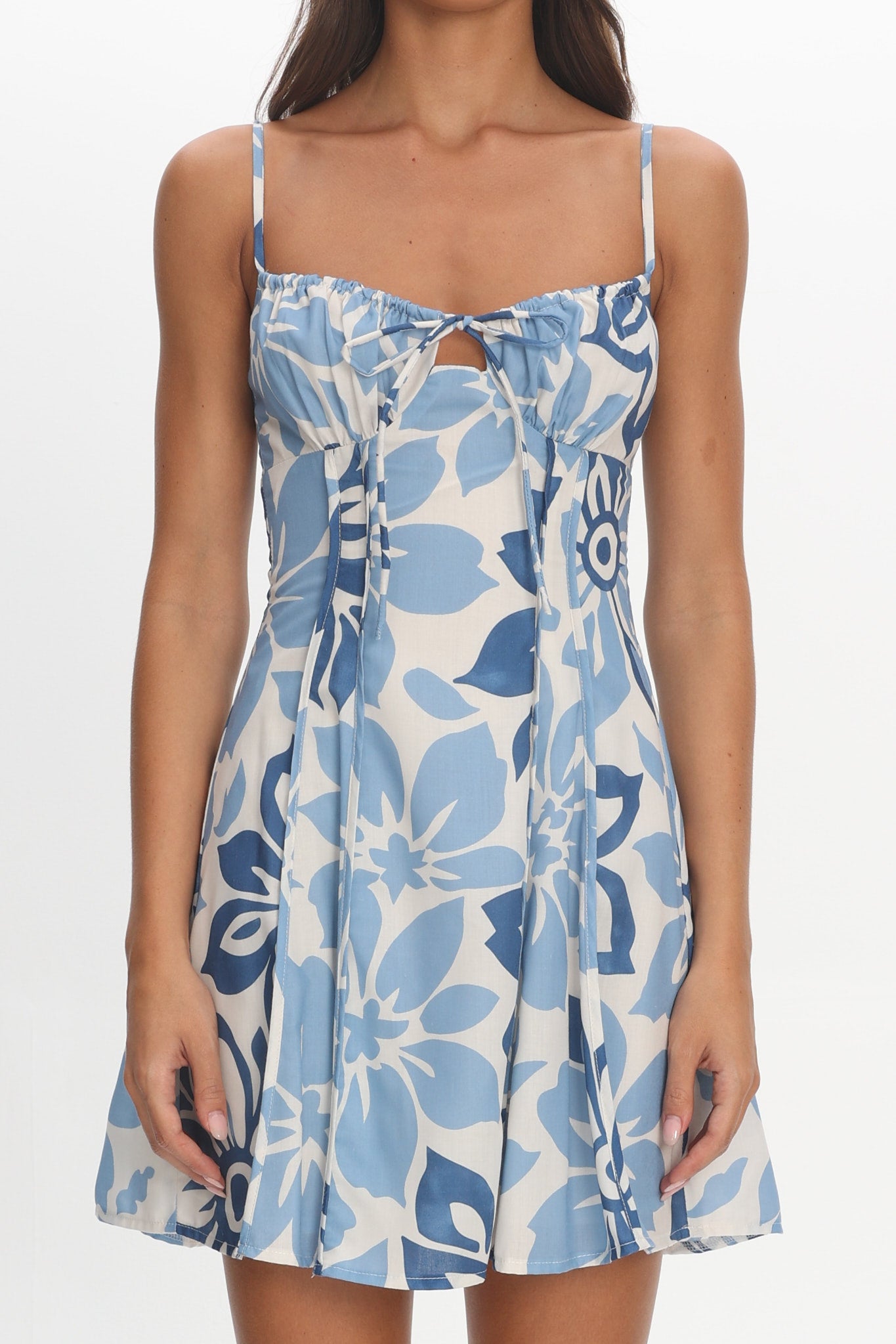 Doe Tied Bust Mini Dress Print Floral Blue by Selfie Leslie