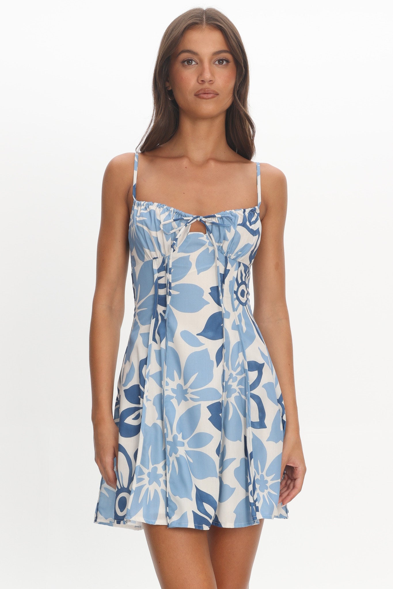 Doe Tied Bust Mini Dress Print Floral Blue by Selfie Leslie
