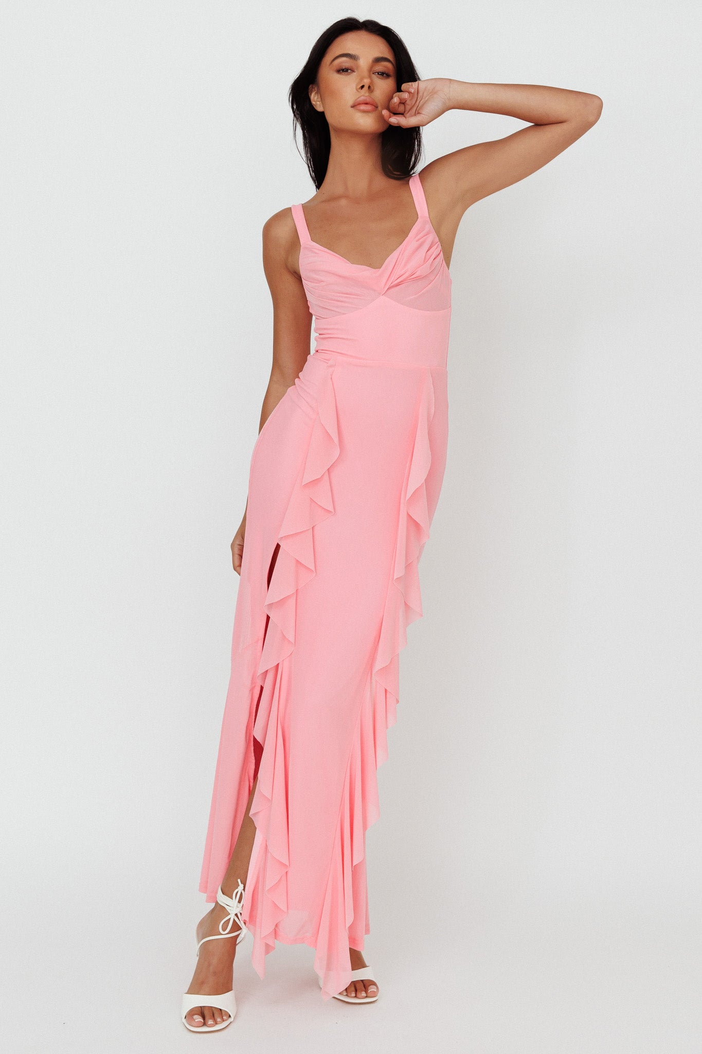 Hollianna Ruffle Trim Split Maxi Dress Blush by Selfie Leslie