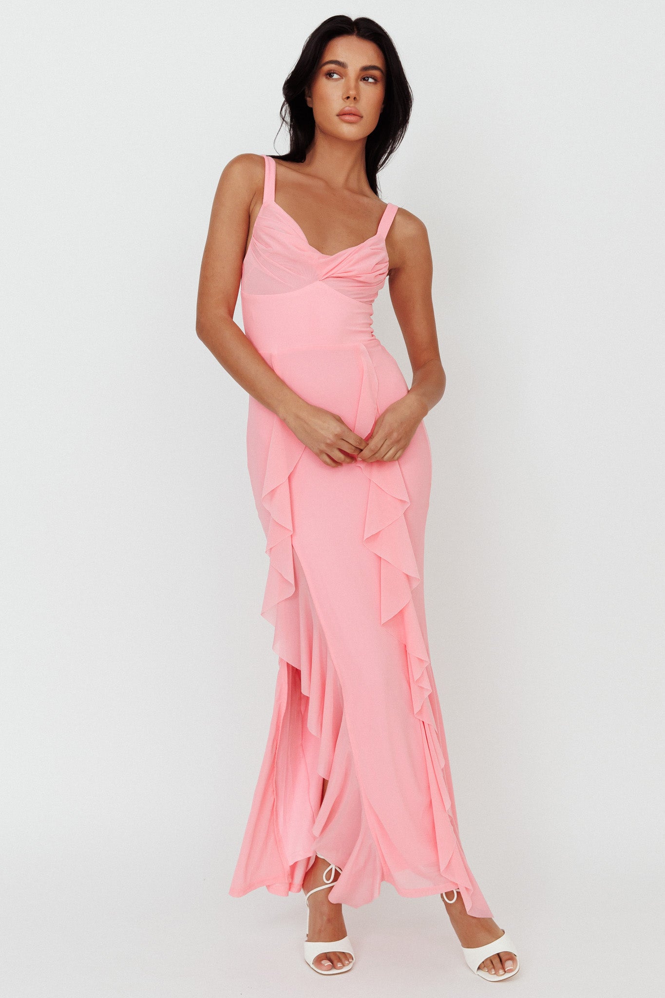 Shop the Hollianna Ruffle Trim Split Maxi Dress Blush | Selfie Leslie