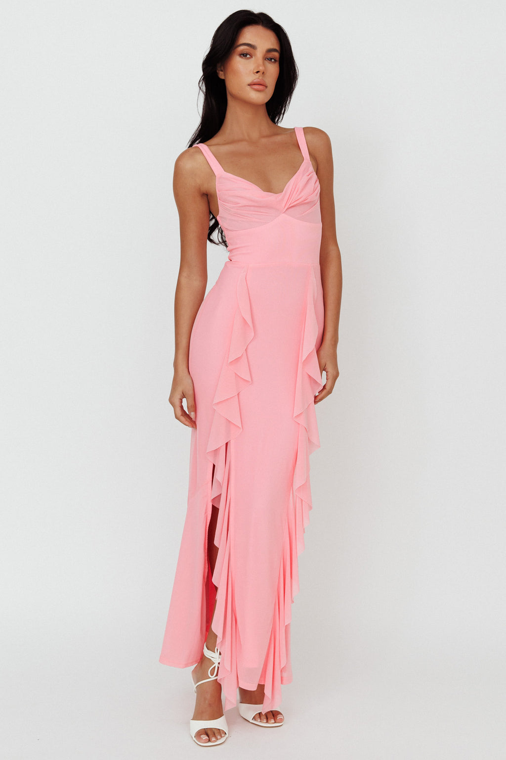 Hollianna Ruffle Trim Split Maxi Dress Blush by Selfie Leslie