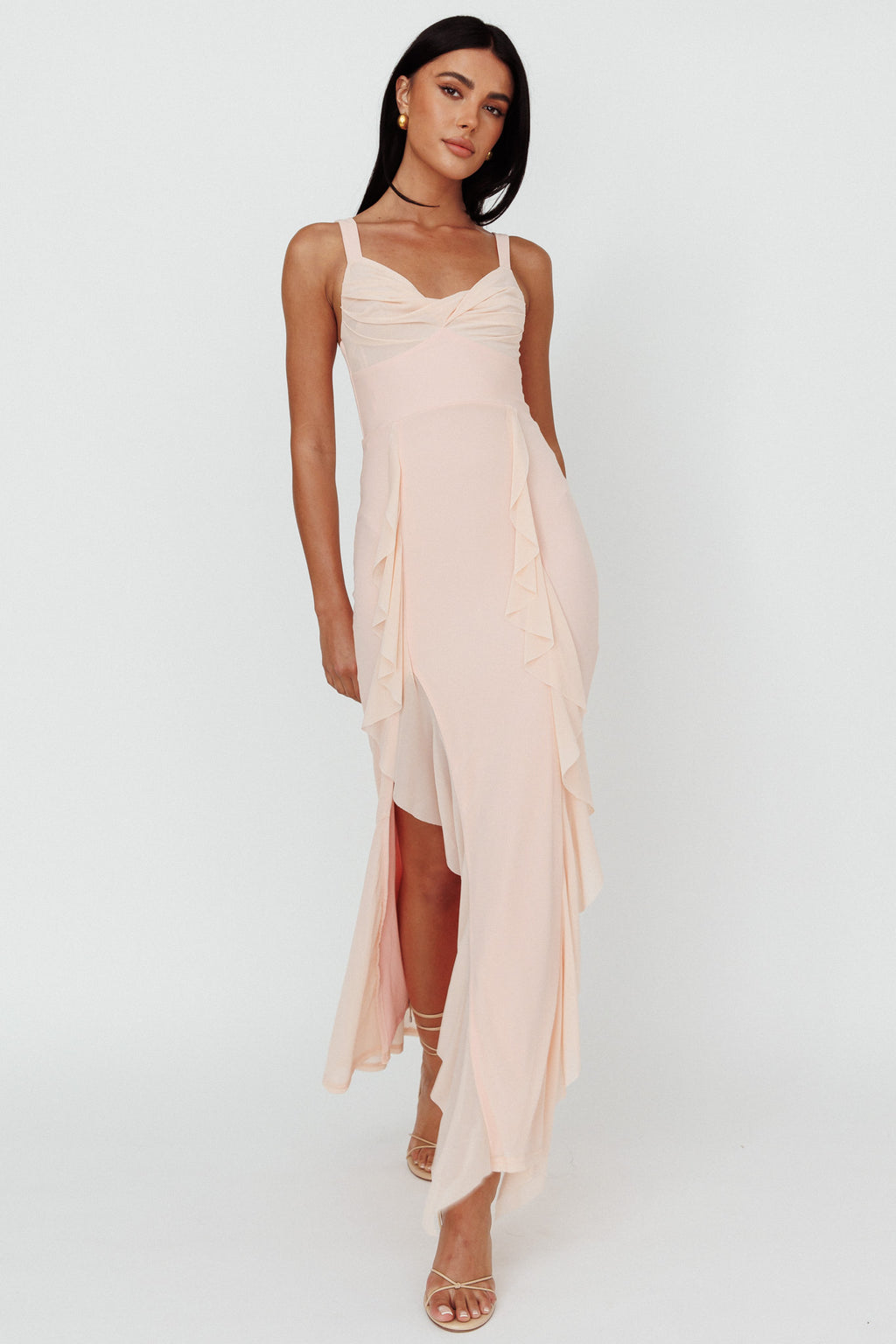 Hollianna Ruffle Trim Split Maxi Dress Champagne by Selfie Leslie