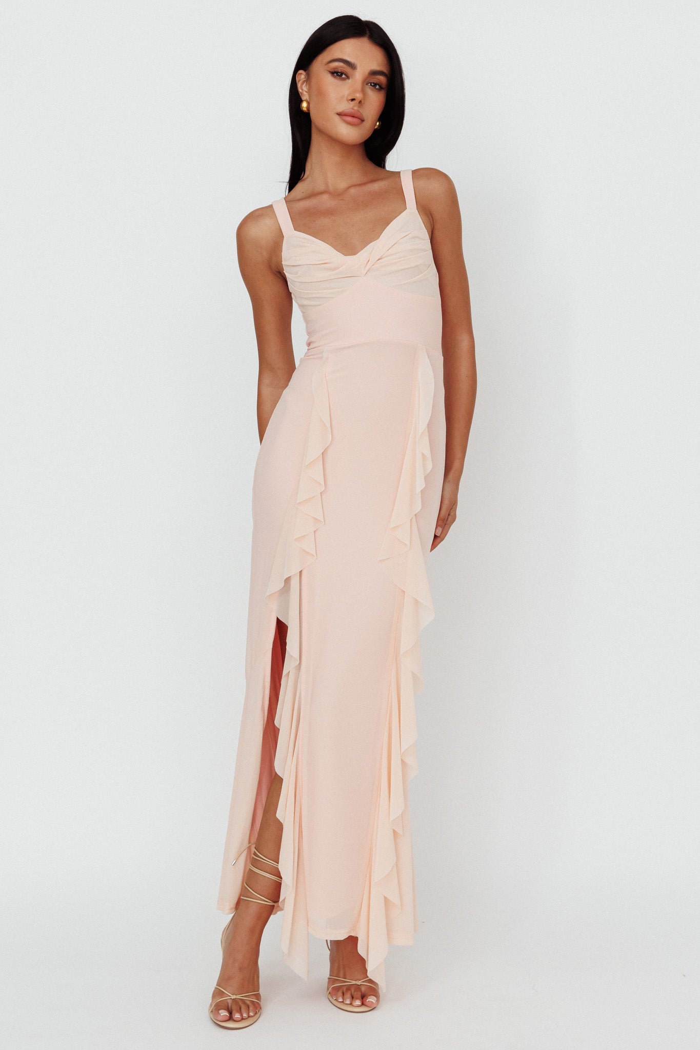 Hollianna Ruffle Trim Split Maxi Dress Champagne by Selfie Leslie