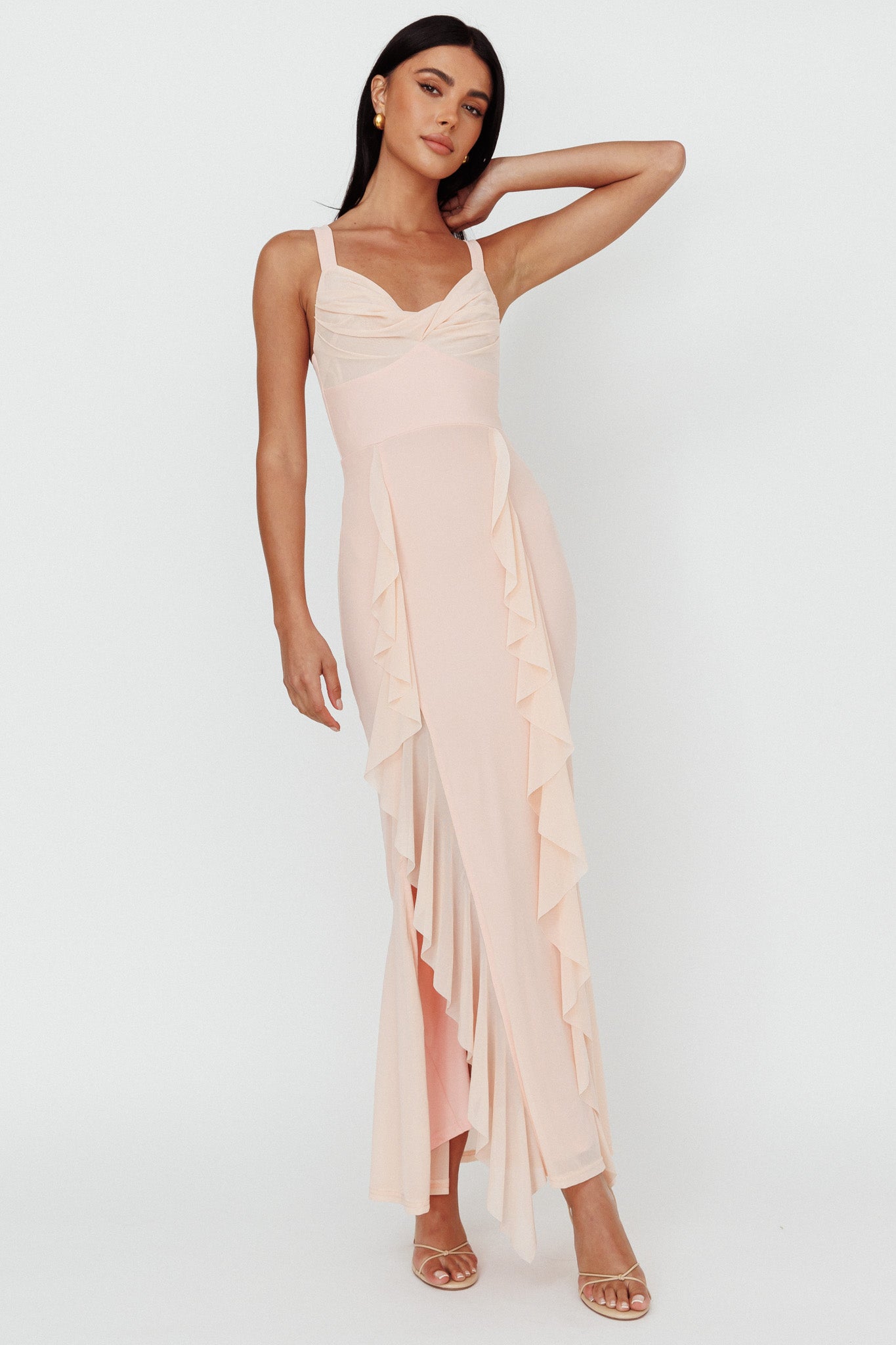 Hollianna Ruffle Trim Split Maxi Dress Champagne by Selfie Leslie